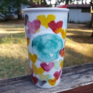 Starbucks 2015 Watercolor Hearts Dot Ceramic Tumbler Mug W/ Lid - 10 fl oz